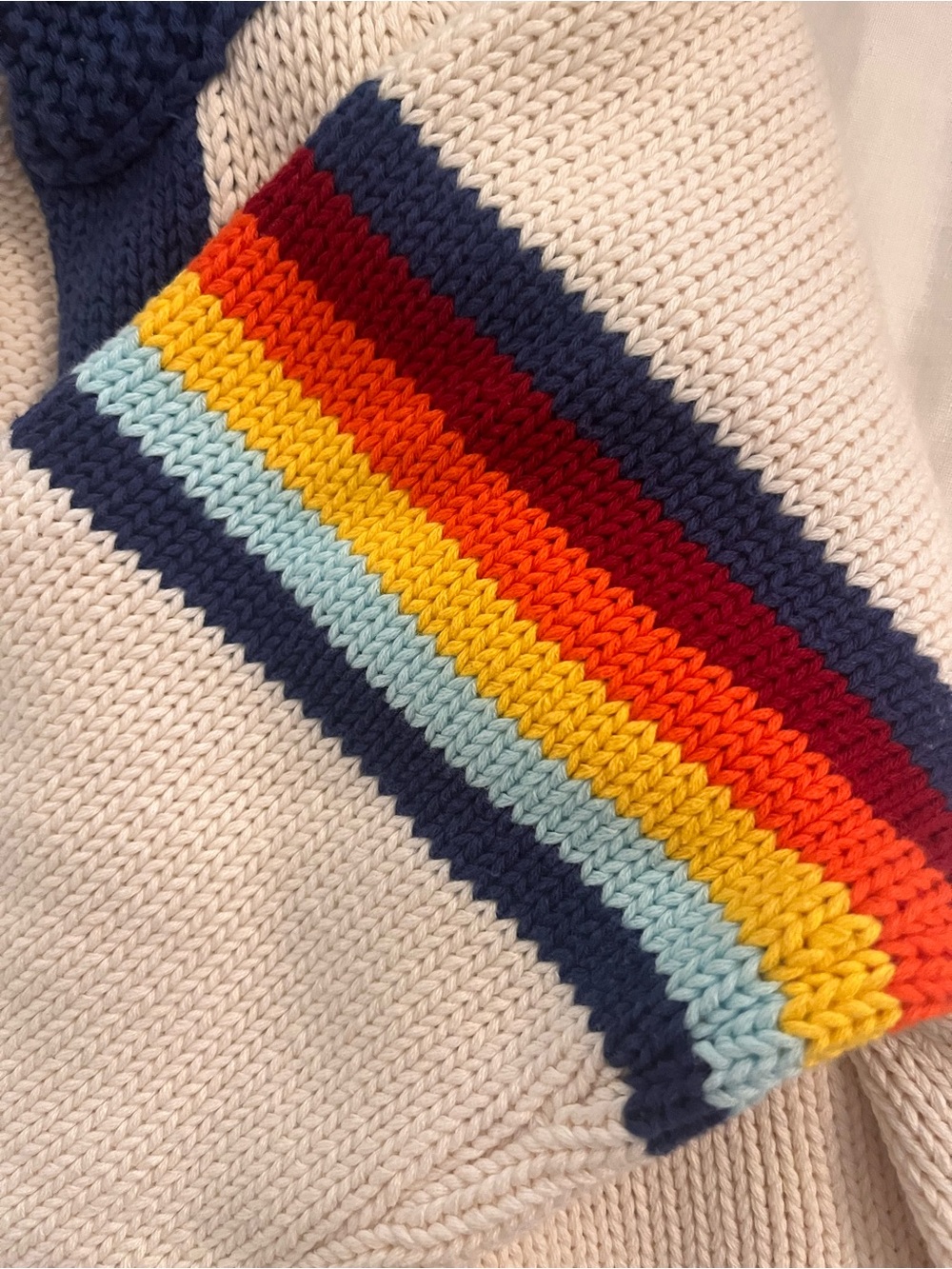 Cream Knit Sweater with Navy Heart and Multicolor Cross-Stitch Details - Picture 6 of 7